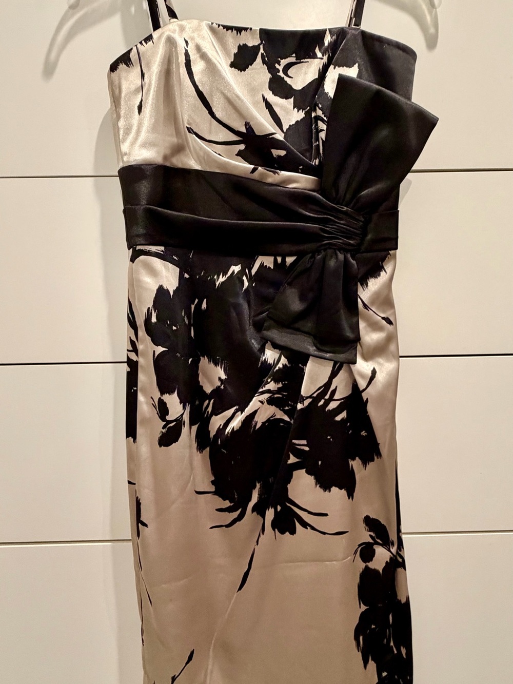 White House Black Market Black and Cream Strapless Floral Satin Dress with Bow
